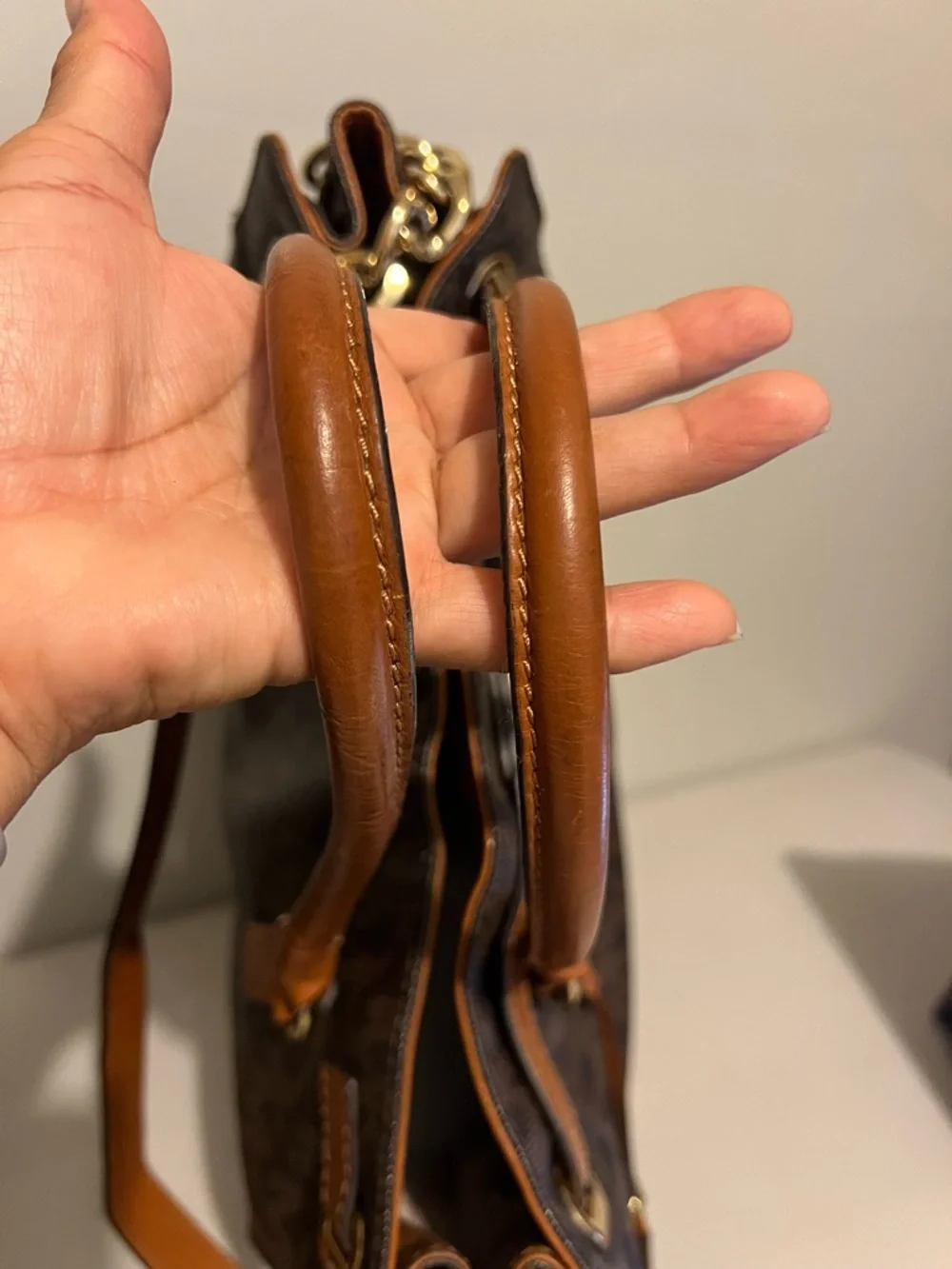 Michael Kors Brown Logo Tote with Tan Leather and Gold Hardware